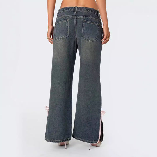 Damen Hohe Taillen Denim-Hose mit modischen Schleifendetails R&B