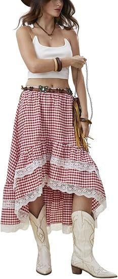 Damen Boho Maxi-Rock mit asymmetrischem Saum und Spitzenverzierungen R&B