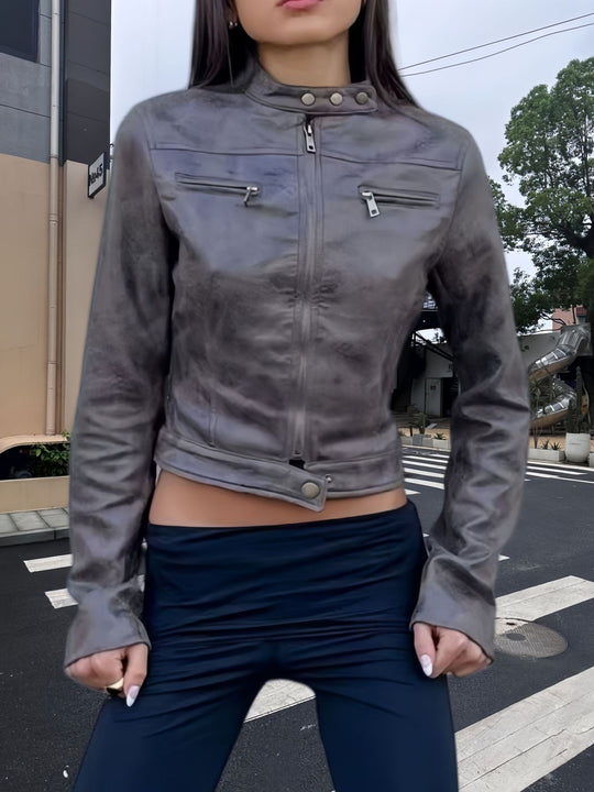Damen trendige Bikerjacke aus hochwertigem Kunstleder R&B