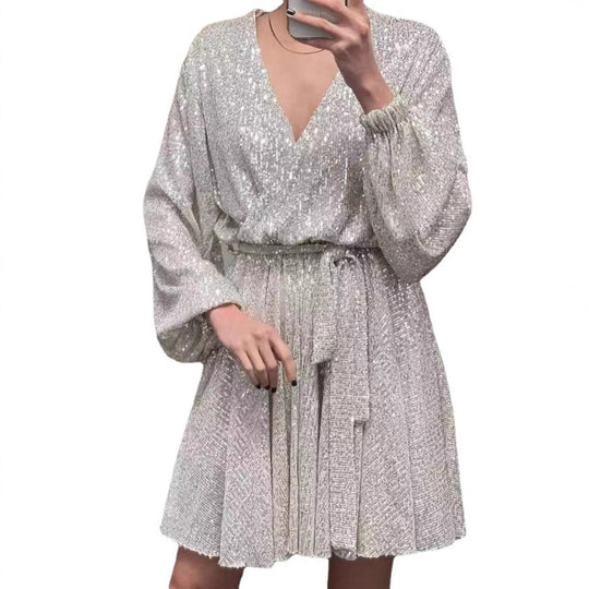 Damen Glitzerndes Mini-Kleid mit V-Ausschnitt und eleganten Puffärmeln R&B