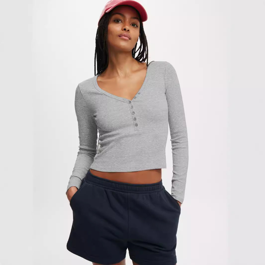 Damen Langarmshirt mit tiefem V-Ausschnitt und Knopfleiste R&B