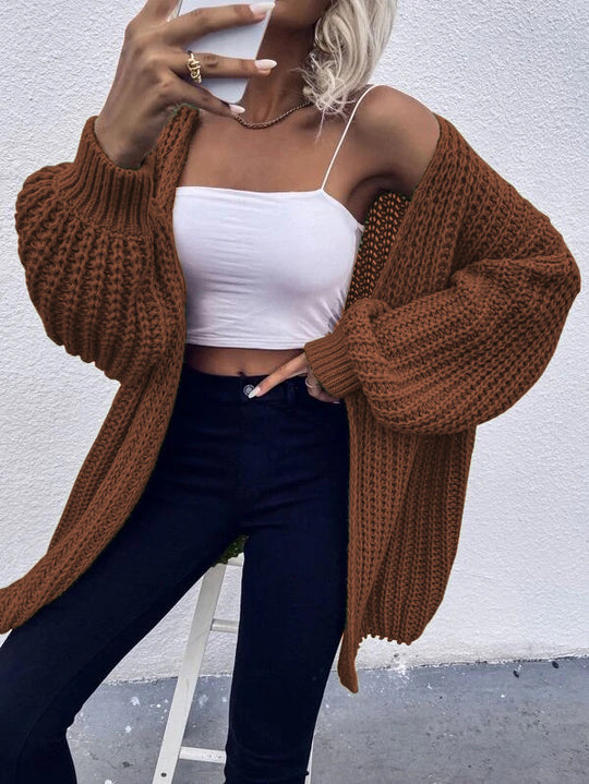 Damen Grobstrick-Cardigan mit voluminösen Ärmeln und offener Vorderseite R&B