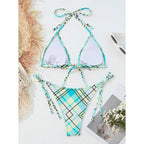 Damen Triangel-Bikini mit modischem Karomuster und verstellbaren Bindändern