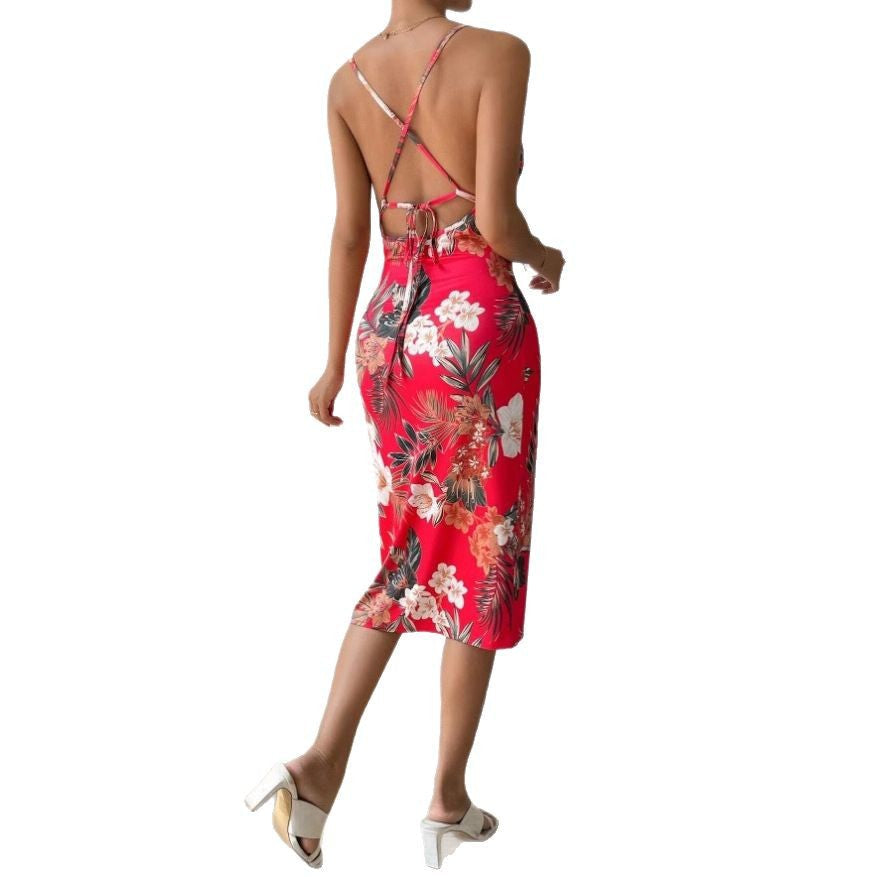 Damen Midi-Kleid mit floralem Design und verstellbarem Rückenschnürung R&B