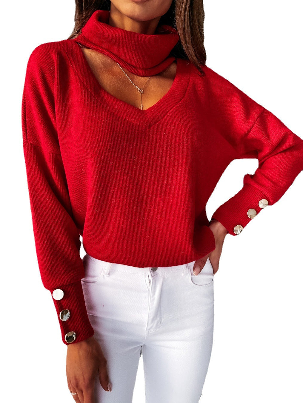 Damen Glamouröser Strickpullover mit angeschnittenem Rollkragen und schicken Knopfdetails R&B