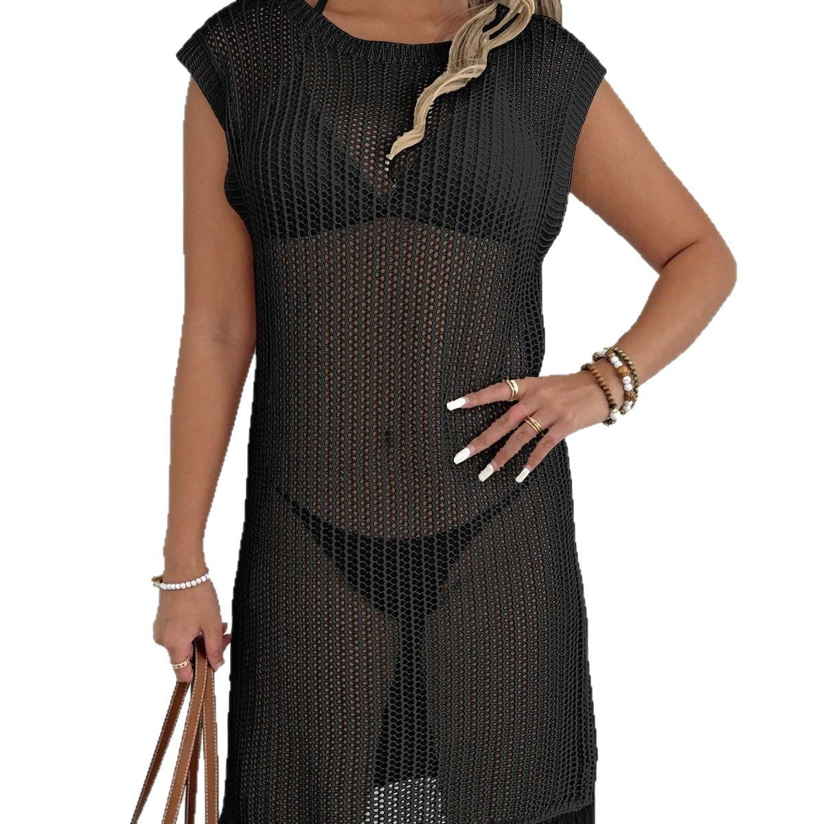 Damen luftiger Netzstrandkleid mit Fransen R&B