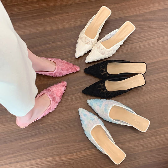 Damen Elegante Mules mit floralem Rosen-Design und modischem Absatz R&B