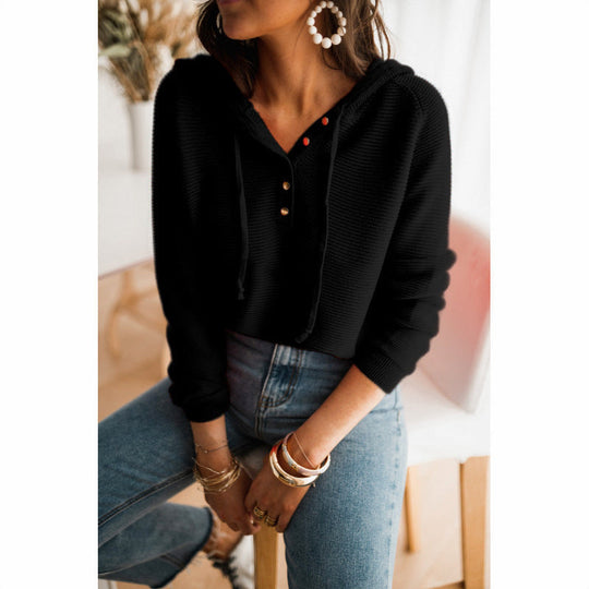 R&B | Damen Lockere Passform Stricktextur Knopfdetails Verstellbare Kapuze