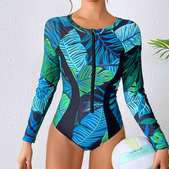 Damen Sportlicher Langarm-Badeanzug mit Reißverschluss und floralem Muster R&B