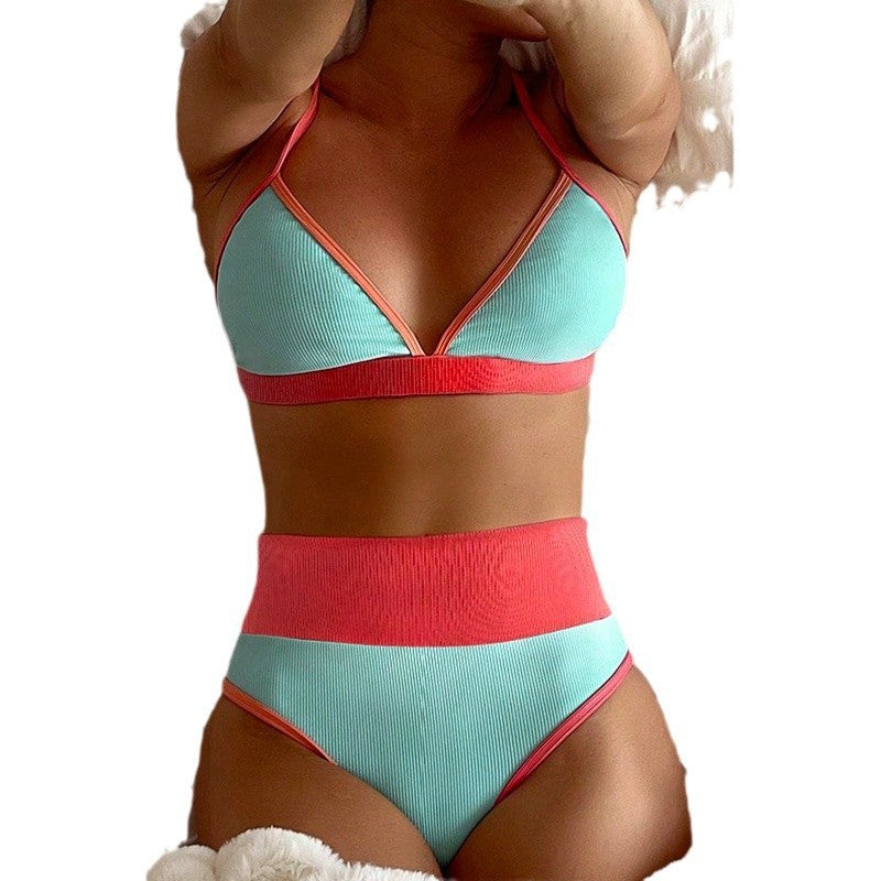 Damen Triangel-Bikini-Set mit hoch taillierten Höschen und trendy Farbkontrasten R&B