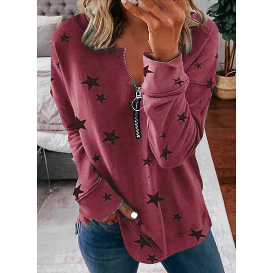 Damen Lässiger Sweatshirt mit Reißverschluss und Sternenmotiv R&B