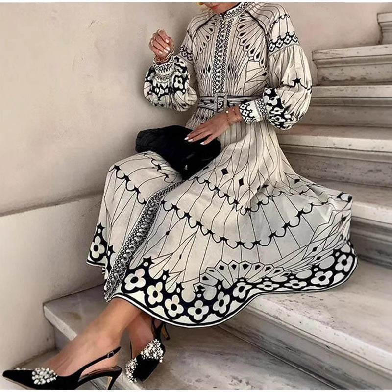 Damen Elegantes Hemdkleid mit grafischem Muster und schwingenden Ärmeln R&B
