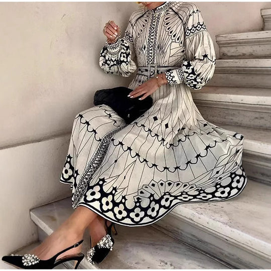Damen Elegantes Hemdkleid mit grafischem Muster und schwingenden Ärmeln R&B
