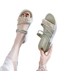 Damen modische Riemchen-Sandalen mit Perlenschmuck und gepolsterter Sohle