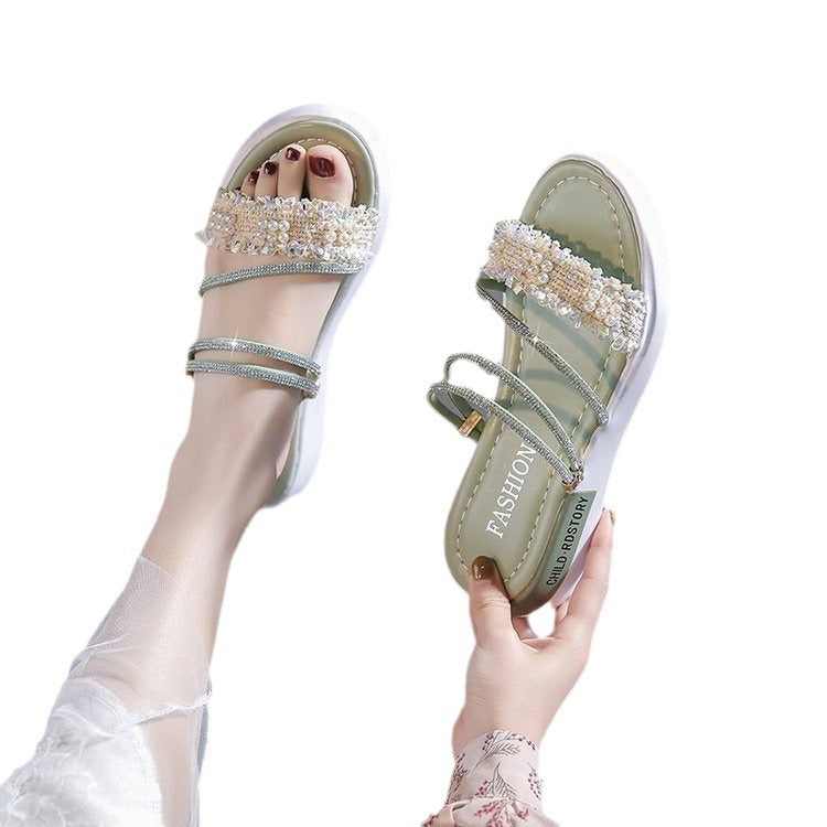 Damen modische Riemchen-Sandalen mit Perlenschmuck und gepolsterter Sohle