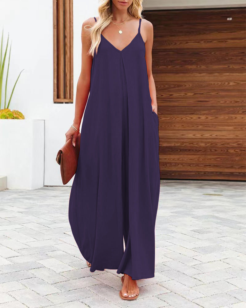 Damen Maxi-Jumpsuit mit elegantem V-Ausschnitt und seitlichen Taschen R&B