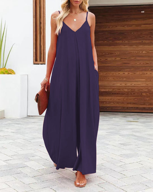 Damen Maxi-Jumpsuit mit elegantem V-Ausschnitt und seitlichen Taschen R&B