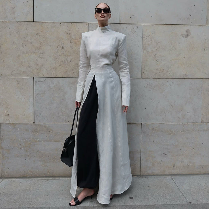 Damen elegantes Maxikleid mit hochgeschlossenem Kragen und asymmetrischem Farbdesign R&B