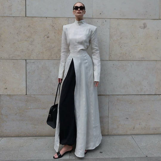 Damen elegantes Maxikleid mit hochgeschlossenem Kragen und asymmetrischem Farbdesign R&B