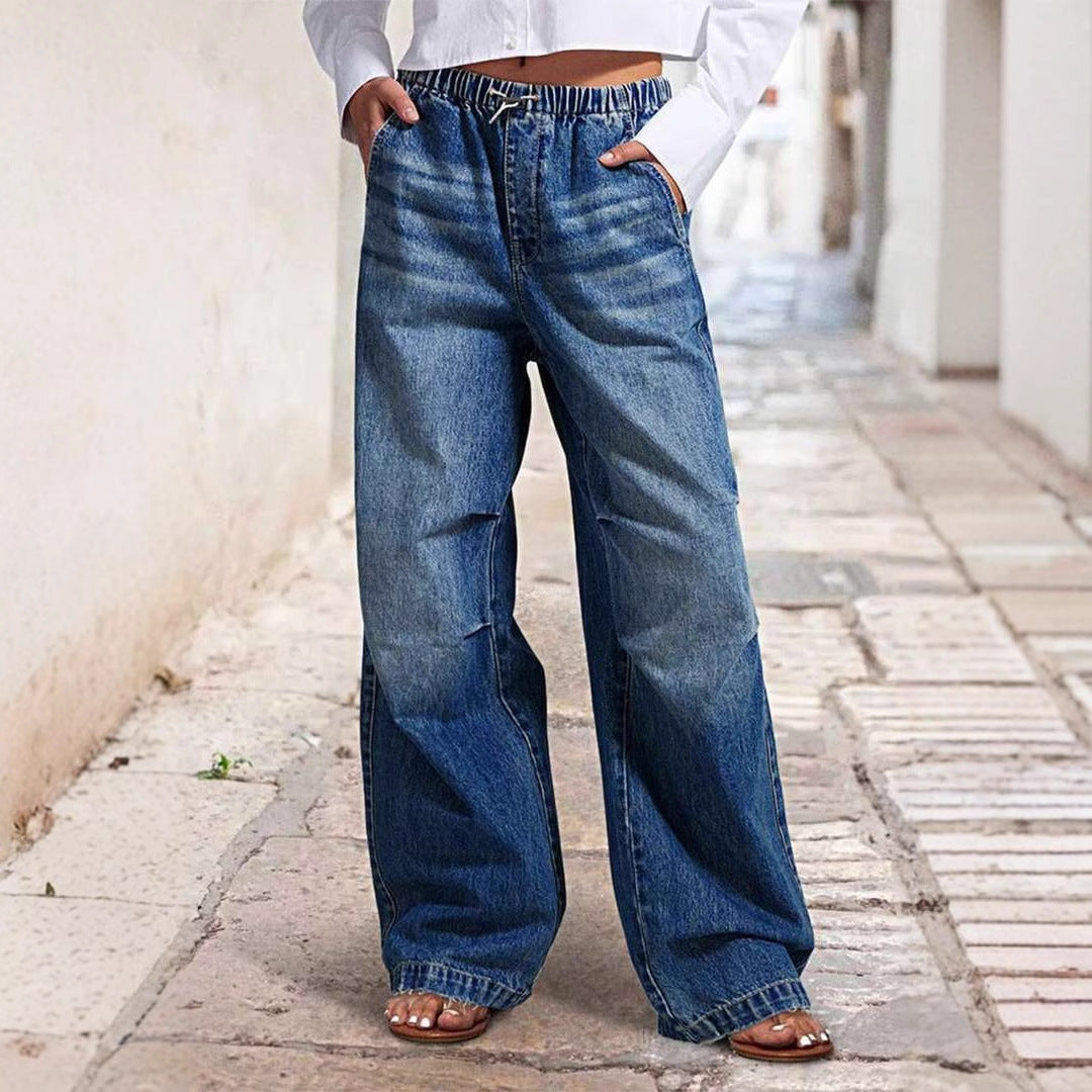 Damen weite Denim-Hose mit elastischem Bund und lässigem Design R&B