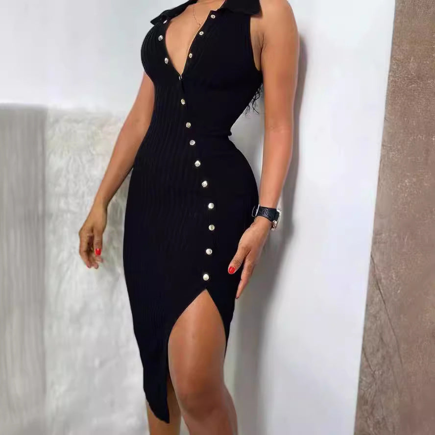 Damen Knielanges Kleid mit tiefem Ausschnitt und Knopfleiste R&B