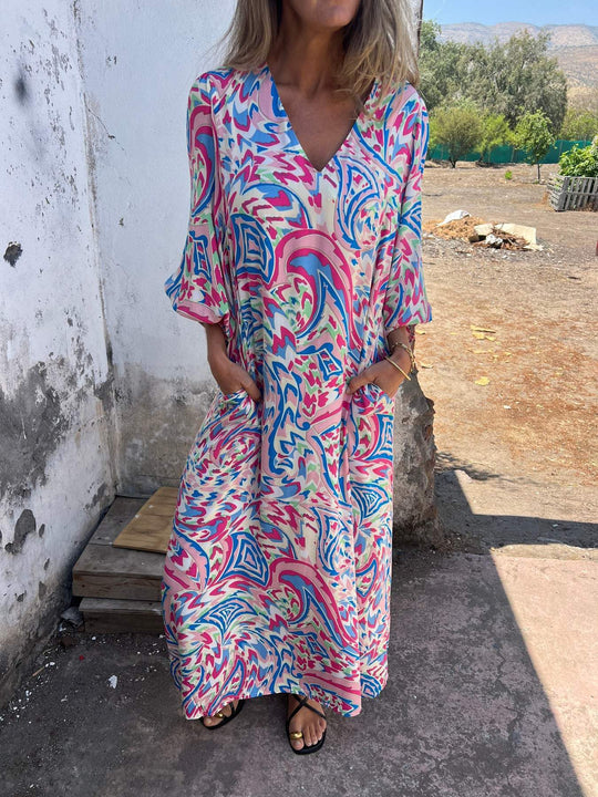 Damen Langarmkleid mit V-Ausschnitt und praktischen Taschen R&B