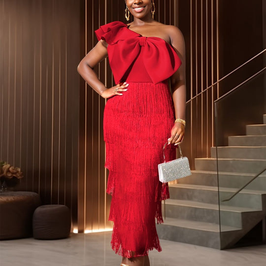 Damen elegantes Kleid mit voluminösem Rüschenelement und Fransen R&B