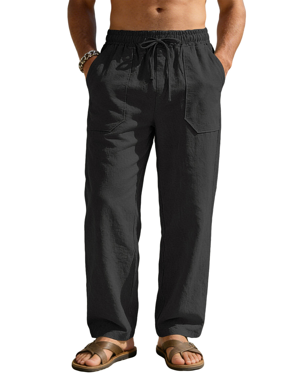 Herren nan weite Relaxhose aus Leinen-Mix mit Kordelbund und aufgesetzten Beintaschen R&B