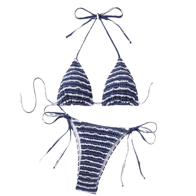 Damen Triangel-Bikini mit feinem Streifenmuster und raffinierten Bindebändern R&B