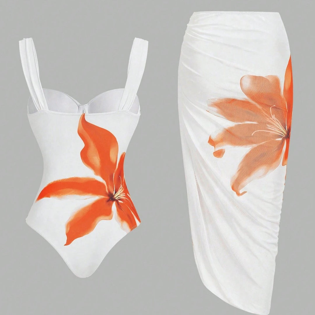 Damen Badeanzug mit elegantem floralem Design und passendem Wickelrock R&B