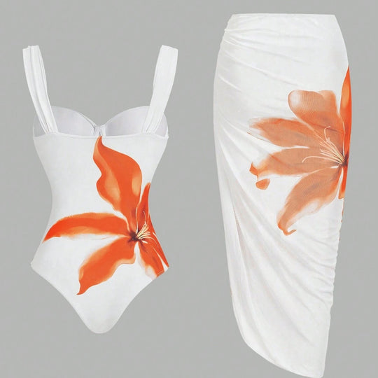Damen Badeanzug mit elegantem floralem Design und passendem Wickelrock R&B