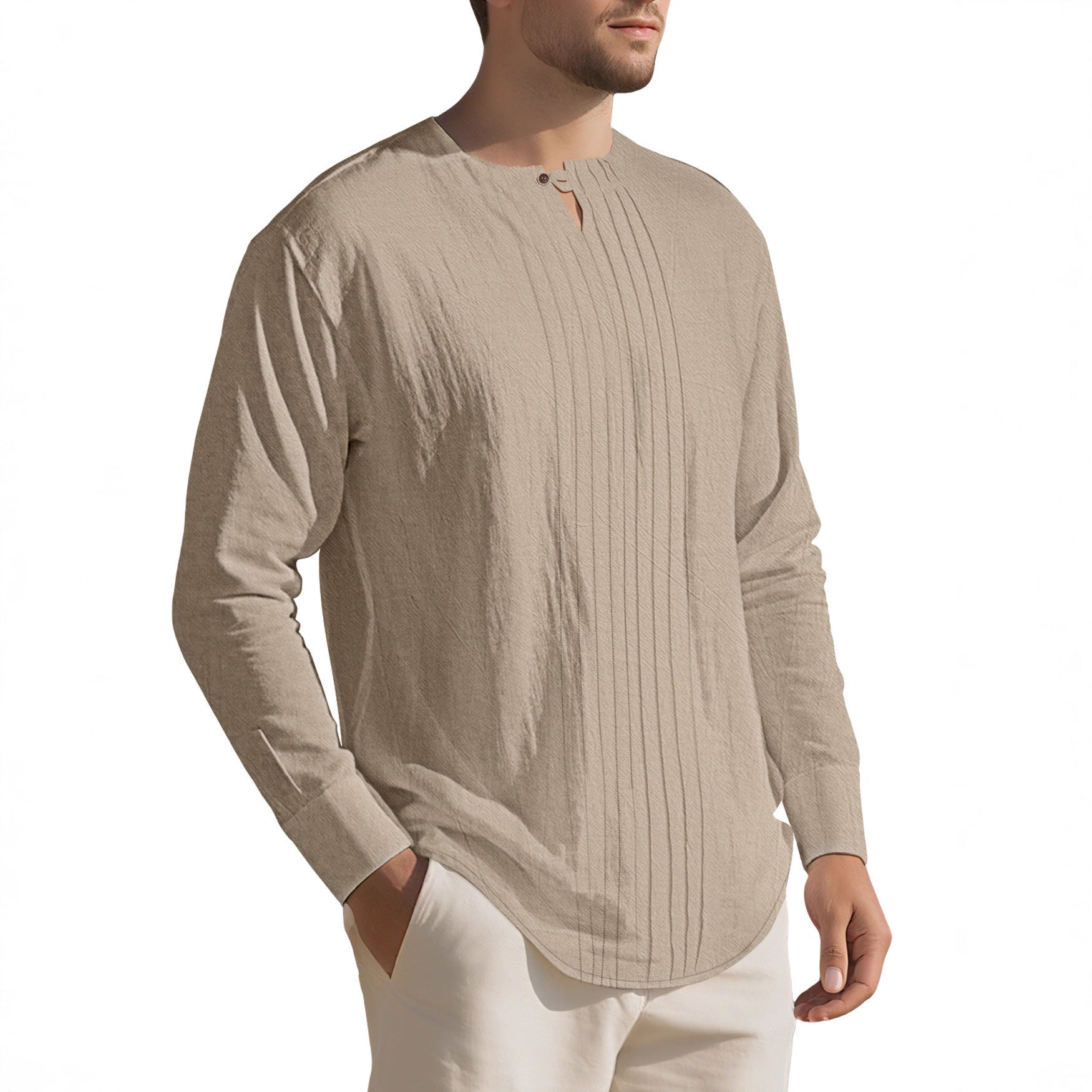 Herren Langarmshirt mit modischem Henley-Ausschnitt und Faltenstruktur R&B