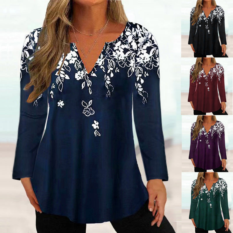 Damen Elegante Bluse mit floralem Design und V-Ausschnitt R&B