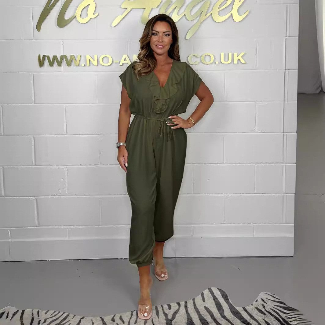 Damen Jumpsuit mit Rüschendetails und Bindegürtel R&B