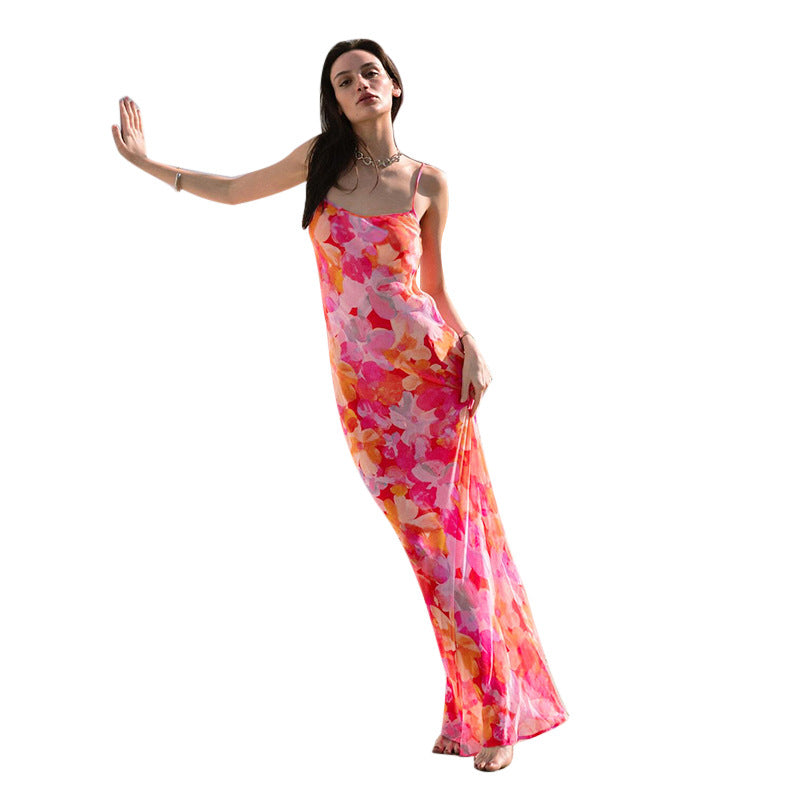 Damen Maxikleid mit floralem Muster und schmalen Spaghetti-Trägern R&B