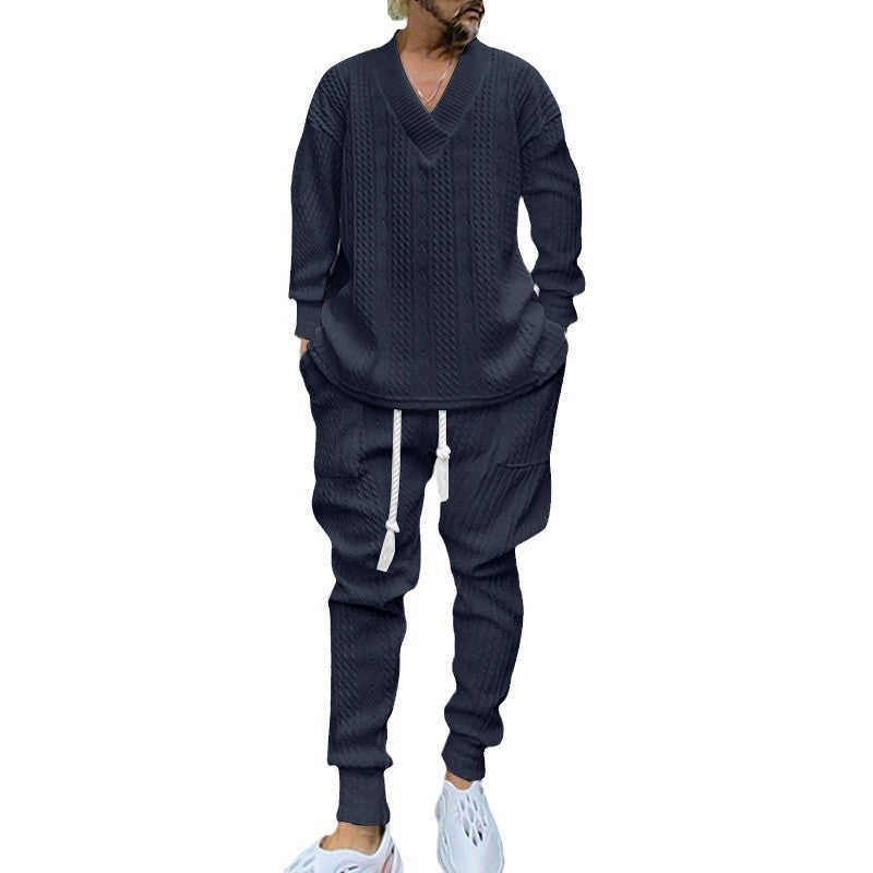 Herren nan gestricktes Lounge-Set mit tiefem V‑Ausschnitt, Kordelzug-Jogginghose und Rippbündchen R&B