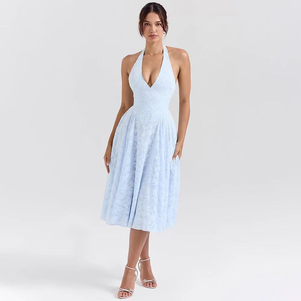 Damen Elegantes Midikleid mit tiefem V-Ausschnitt und schwingendem Rock