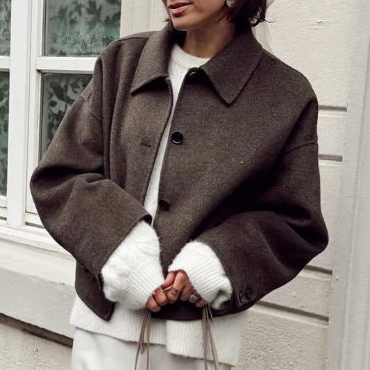 Damen oversized Wolljacke mit elegantem Kragen R&B