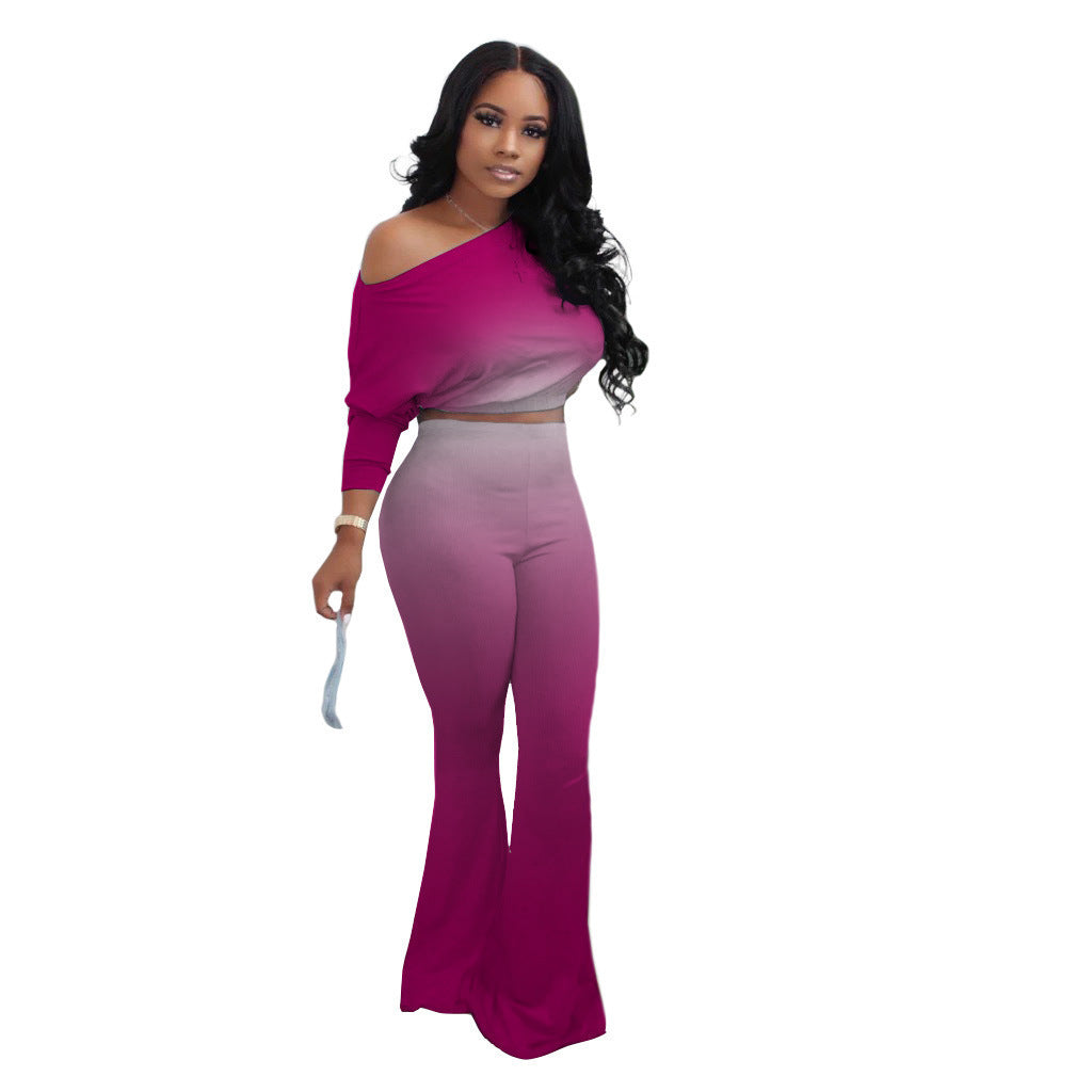 Damen Lässiges Ombre Set mit stilvollem Off-Shoulder Oberteil und figurbetonten Hosen R&B