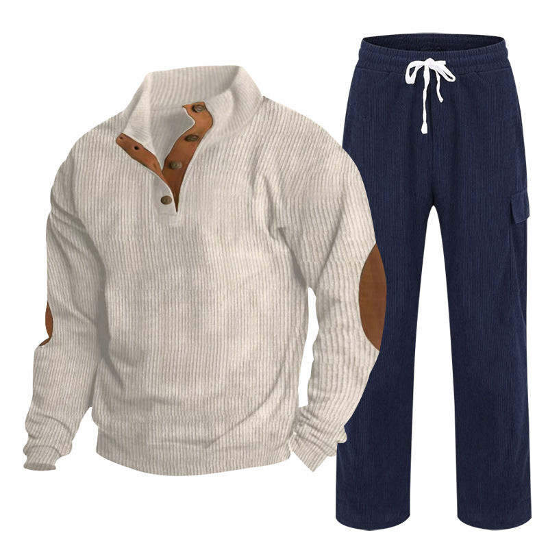 Herren nan Strick-Freizeitset mit Knopfleiste und Ellenbogenaufnähern sowie Cord-Cargohose R&B