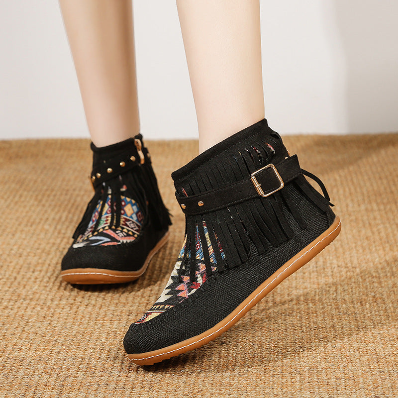 Damen Fransen-Short-Boots aus hochwertigem Stoff mit buntem Ethno-Muster R&B