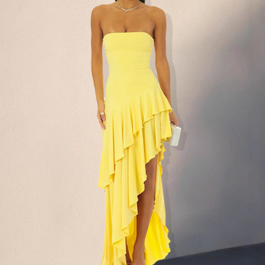 Damen Strapless Maxikleid mit voluminösem Rüschen-Saum und seitlichem Schlitz R&B