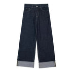 Damen Weit geschnittene Denim-Hose mit modischem Aufschlag R&B