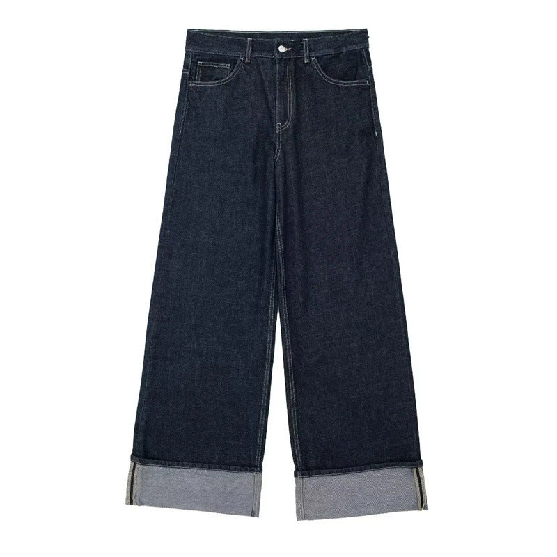 Damen Weit geschnittene Denim-Hose mit modischem Aufschlag R&B