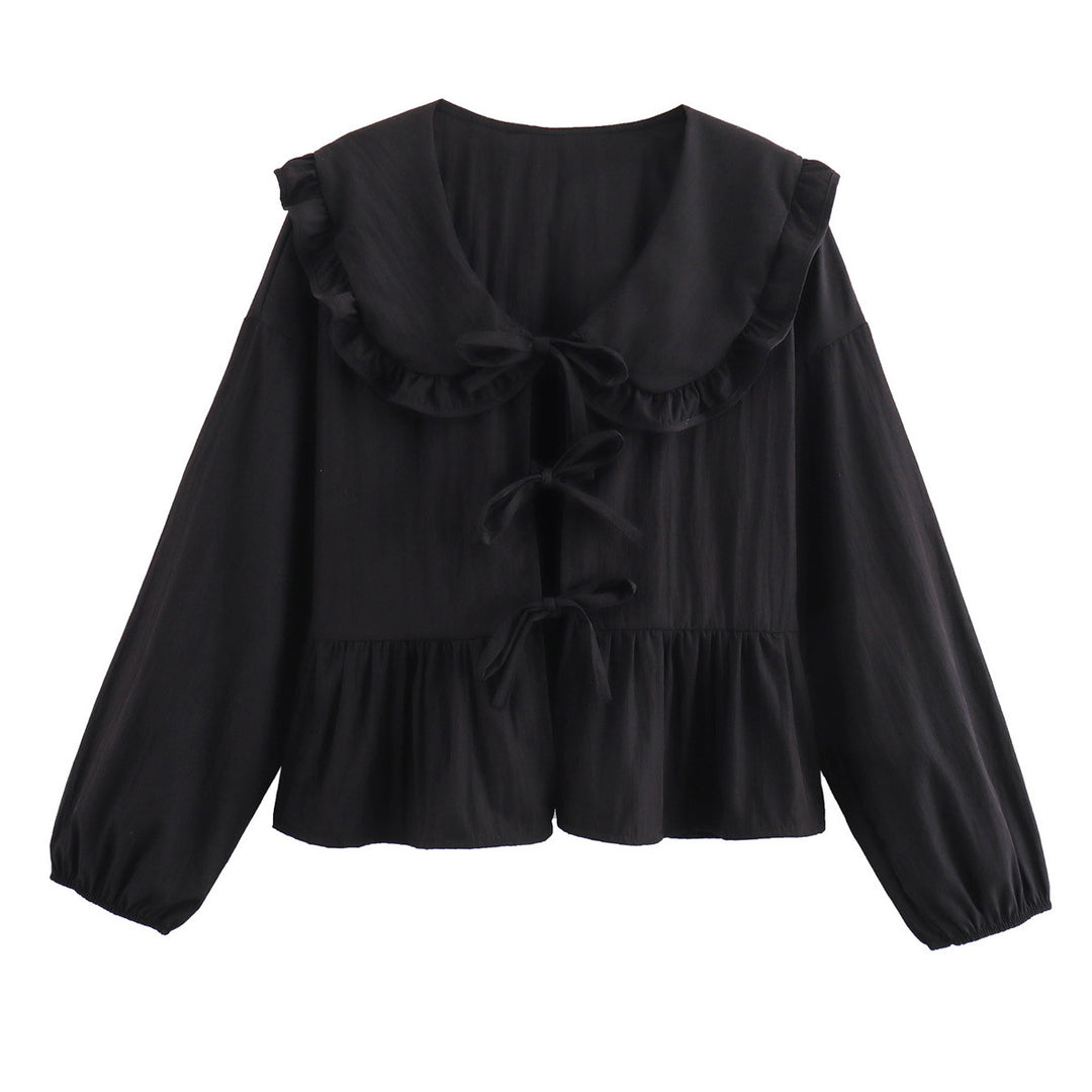 Damen trendiges Blusenshirt mit Rüschenkragen und Kordelzug R&B