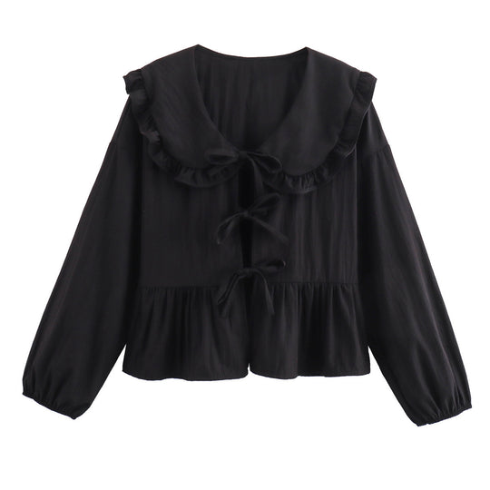 Damen trendiges Blusenshirt mit Rüschenkragen und Kordelzug R&B