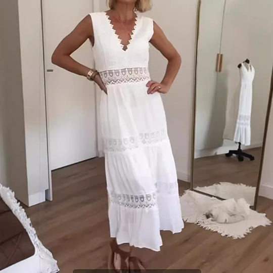 Damen Elegantes Maxikleid mit tiefem V-Ausschnitt und verspielten Häkelapplikationen R&B