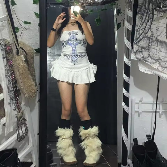 Damen Figurbetontes Rüschenkleid mit Kreuzmotiv R&B