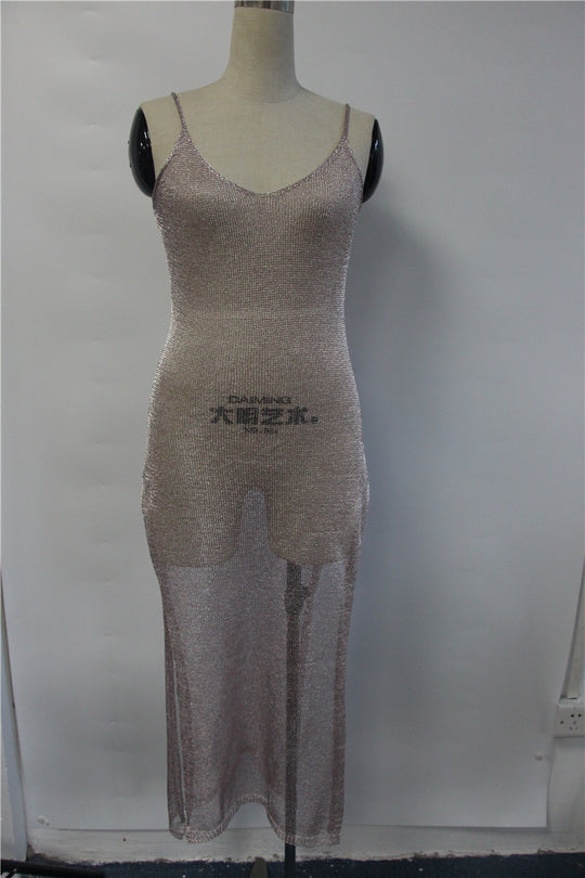 Damen elegantes Strickkleid mit transparentem Design und feinen Trägern R&B