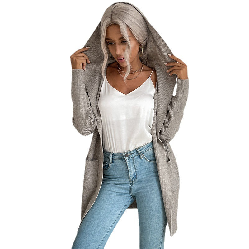 Damen Langärmlige Strickjacke mit Kapuze und seitlichen Taschen R&B
